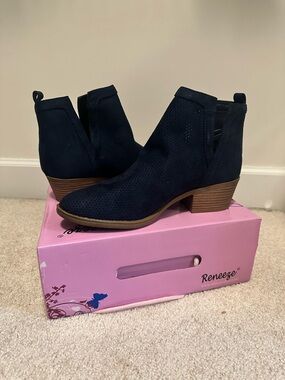 Reneeze Navy Perforated Ankle Booties with Low Stacked Heel